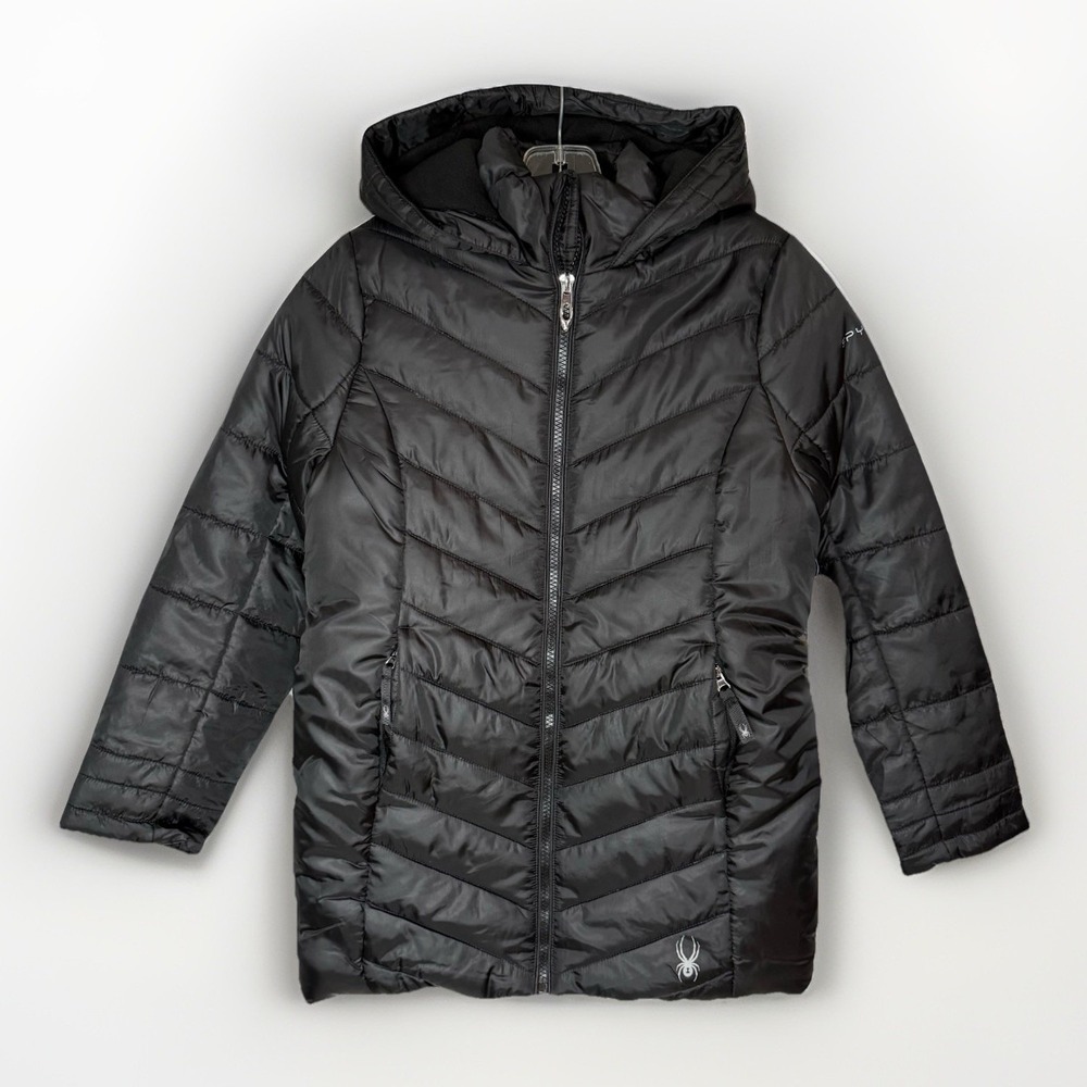 NWT Spyder Girls Black ThermaWEB Insulated Puffer Jacket Hooded Size Medium 8/10